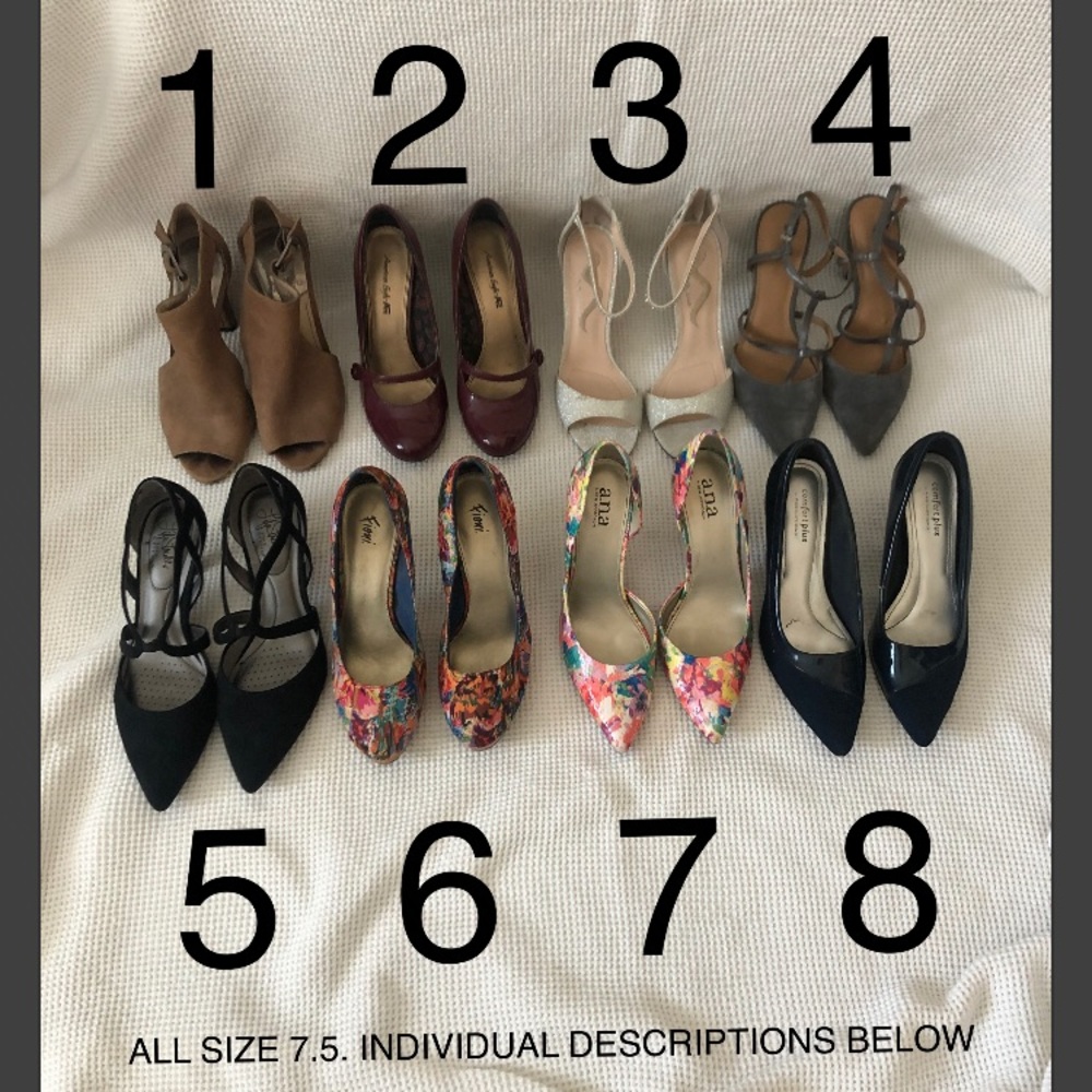 8 PAIRS OF SIZE 7.5 HEELS SOLD SINGLE OR BUNDLED